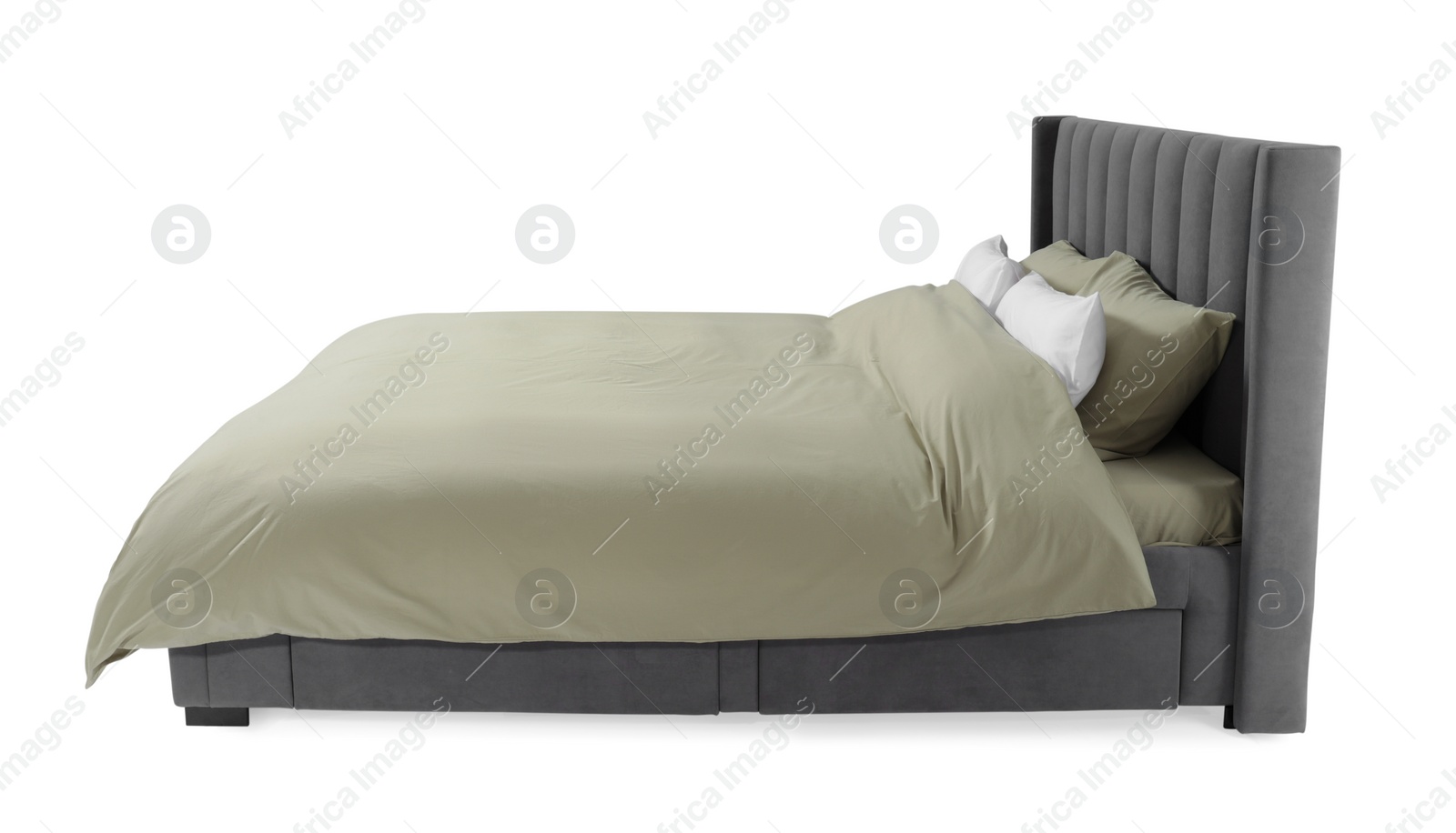 Photo of Comfortable gray bed with linens on white background