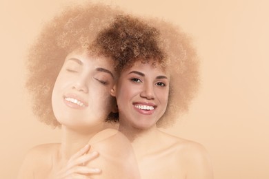 Image of Double exposure of beautiful young woman on beige background