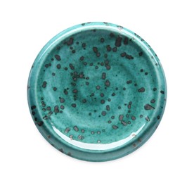 Photo of Turquoise ceramic plate isolated on white, top view