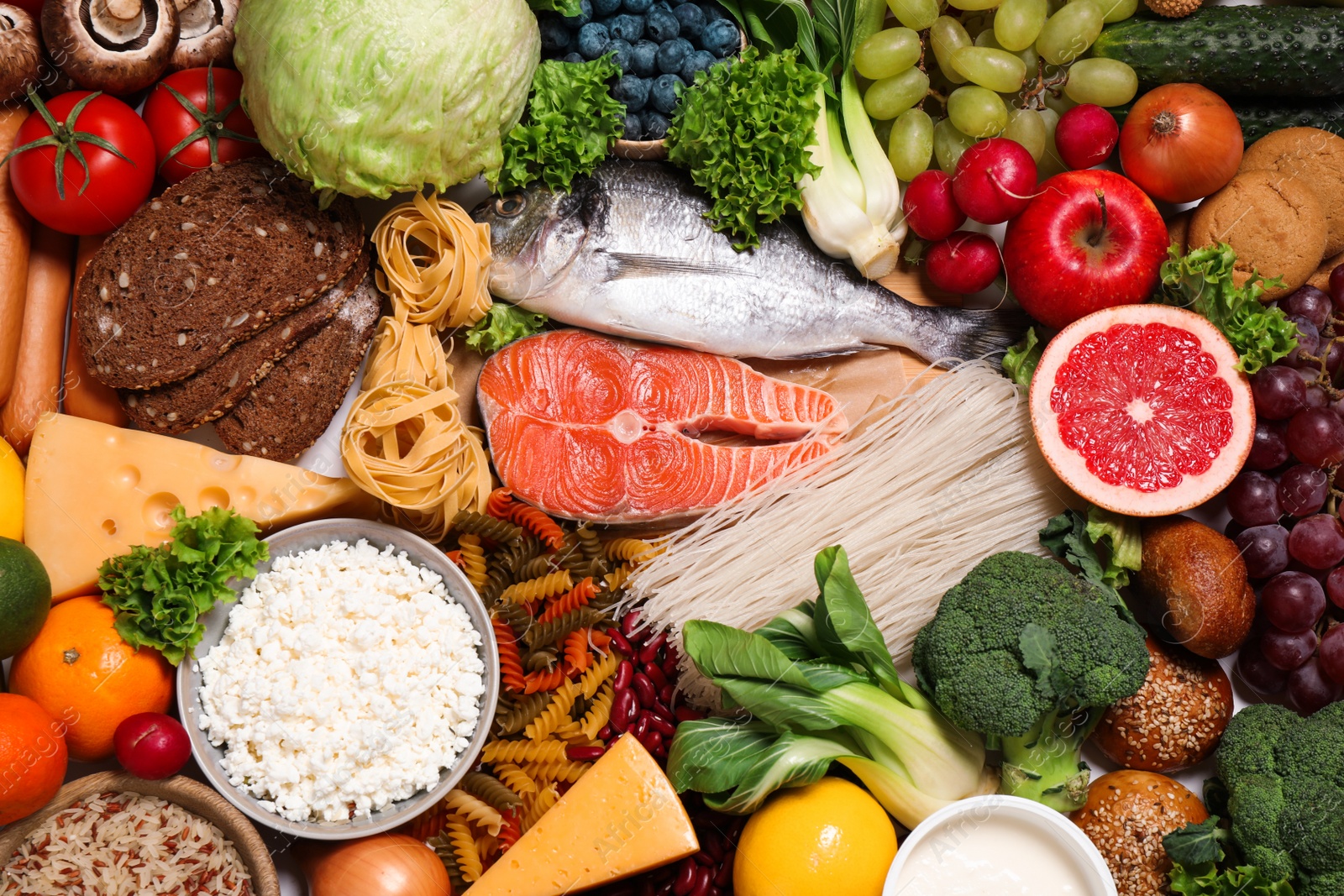 Photo of Different products as background, top view. Healthy food and balanced diet