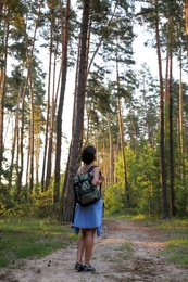 Photo of Young woman in forest on summer day. Camping season