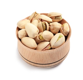 Photo of Organic pistachio nuts in wooden bowl isolated on white