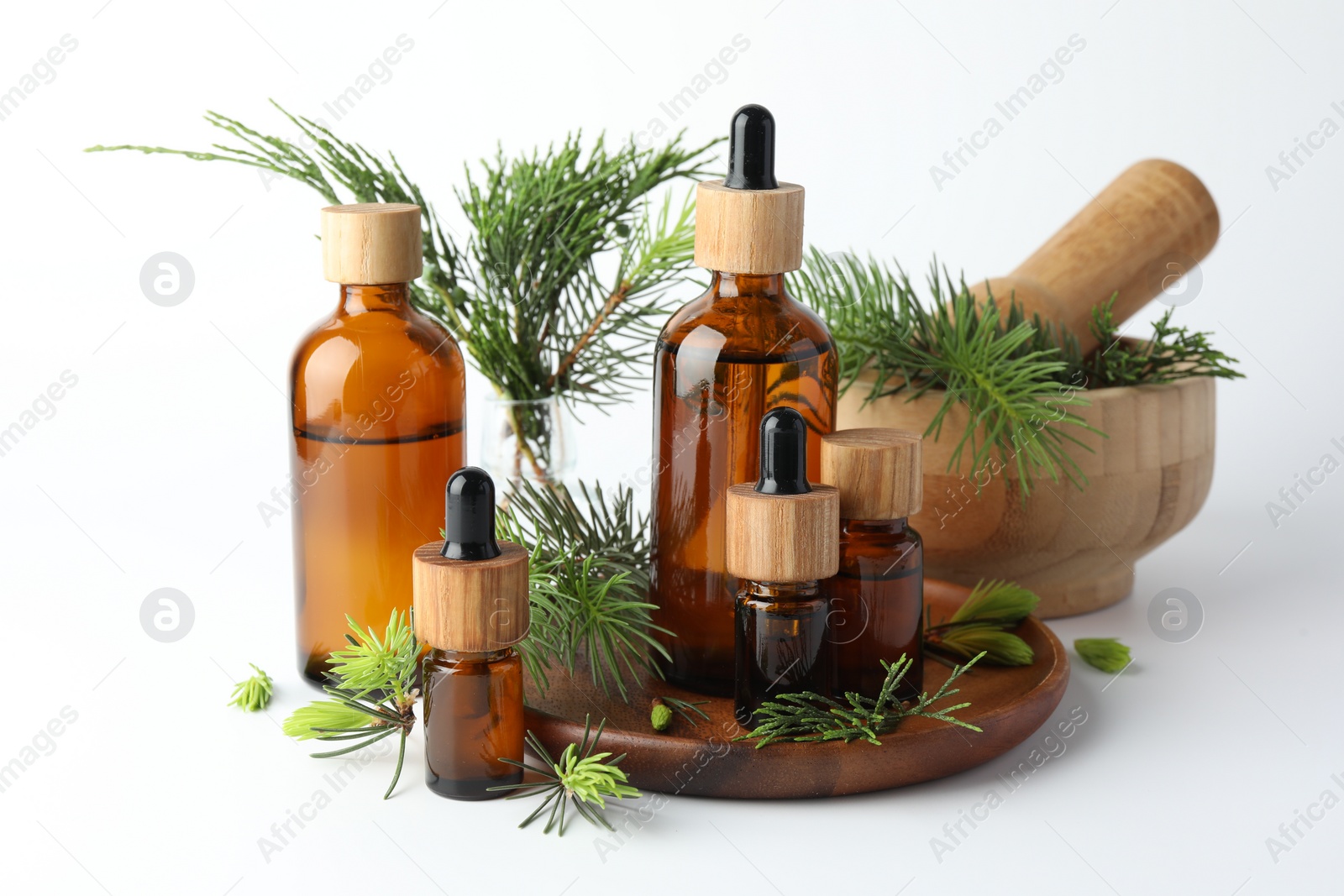 Photo of Aromatherapy. Different essential oils, fir twigs, mortar and pestle on white background