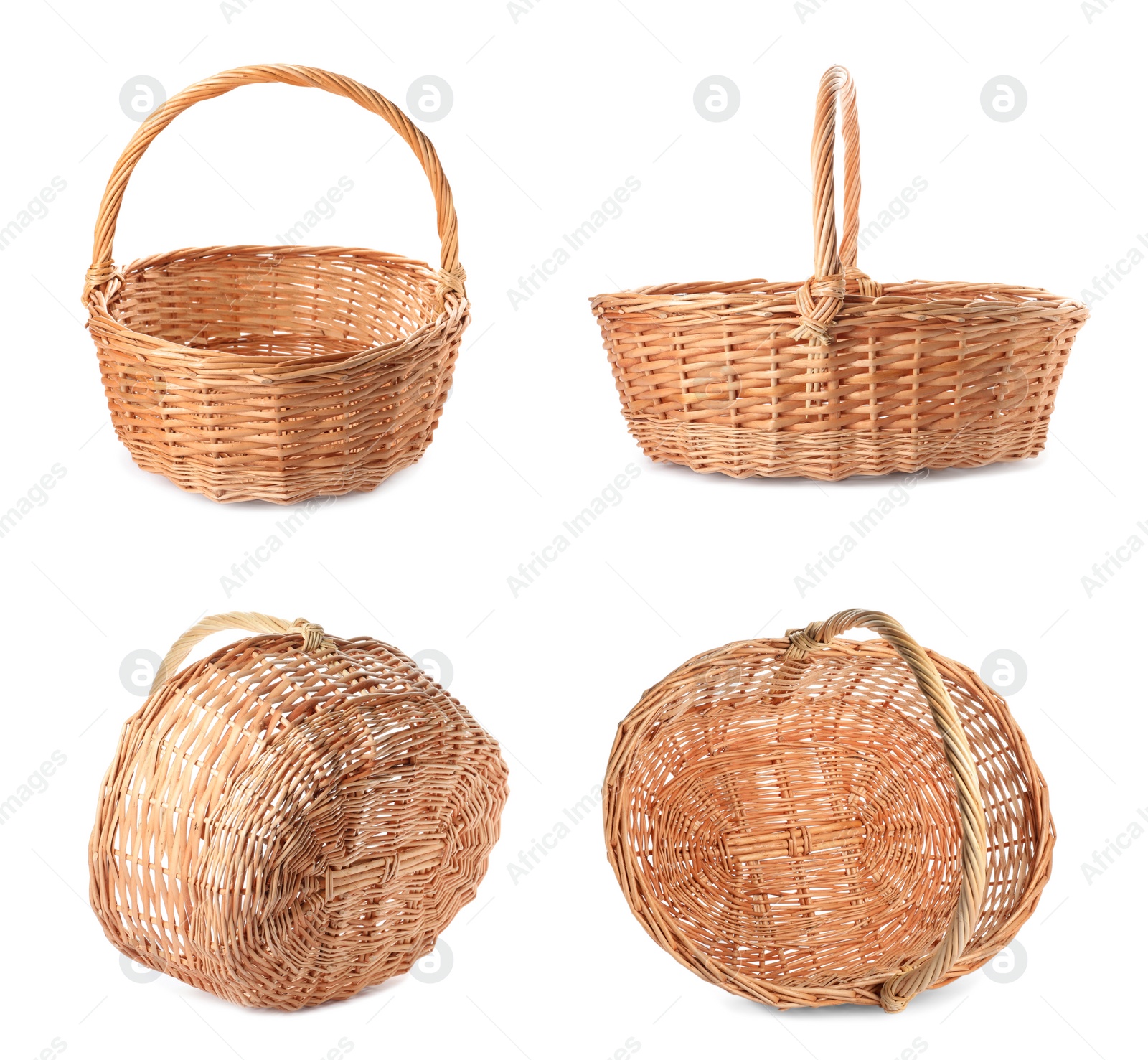 Image of Set with empty wicker baskets on white background 