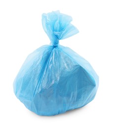 Photo of Blue plastic garbage bag isolated on white