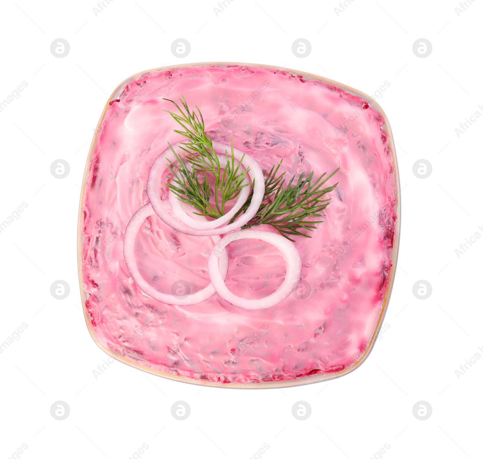 Photo of Herring under fur coat isolated on white, top view. Traditional Russian salad