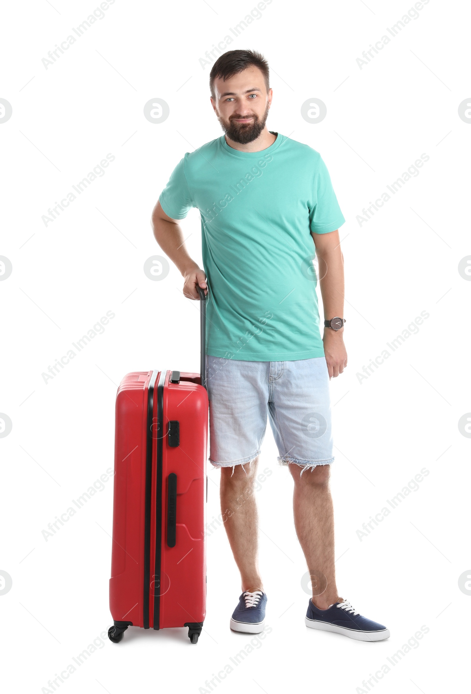Photo of Man with suitcase on white background. Vacation travel