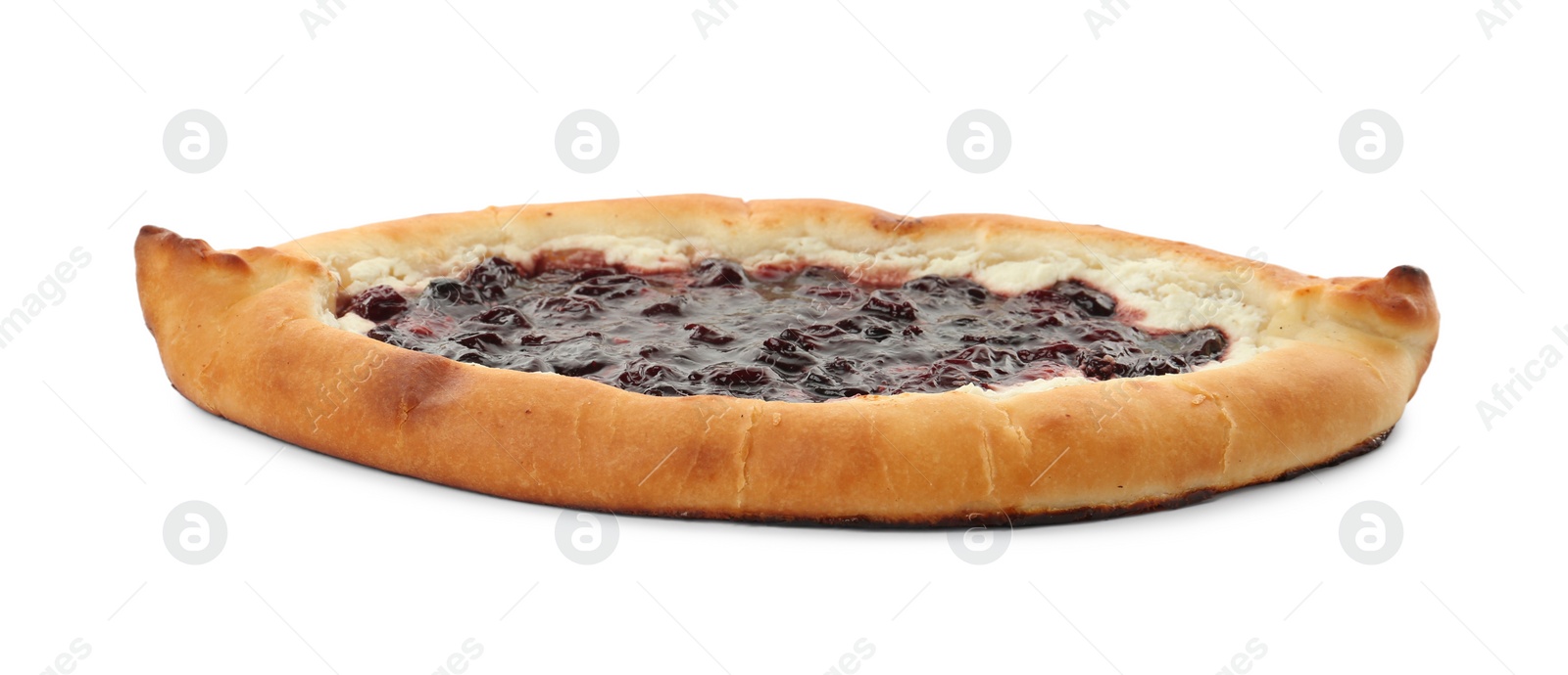 Photo of Delicious sweet cottage cheese pastry with cherry jam isolated on white