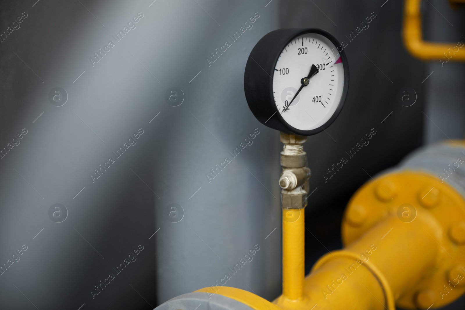 Photo of Pressure gauge at modern granary, closeup. Space for text