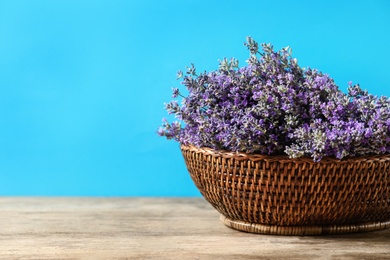 Photo of Basket with fresh lavender flowers on wooden table against blue background. Space for text