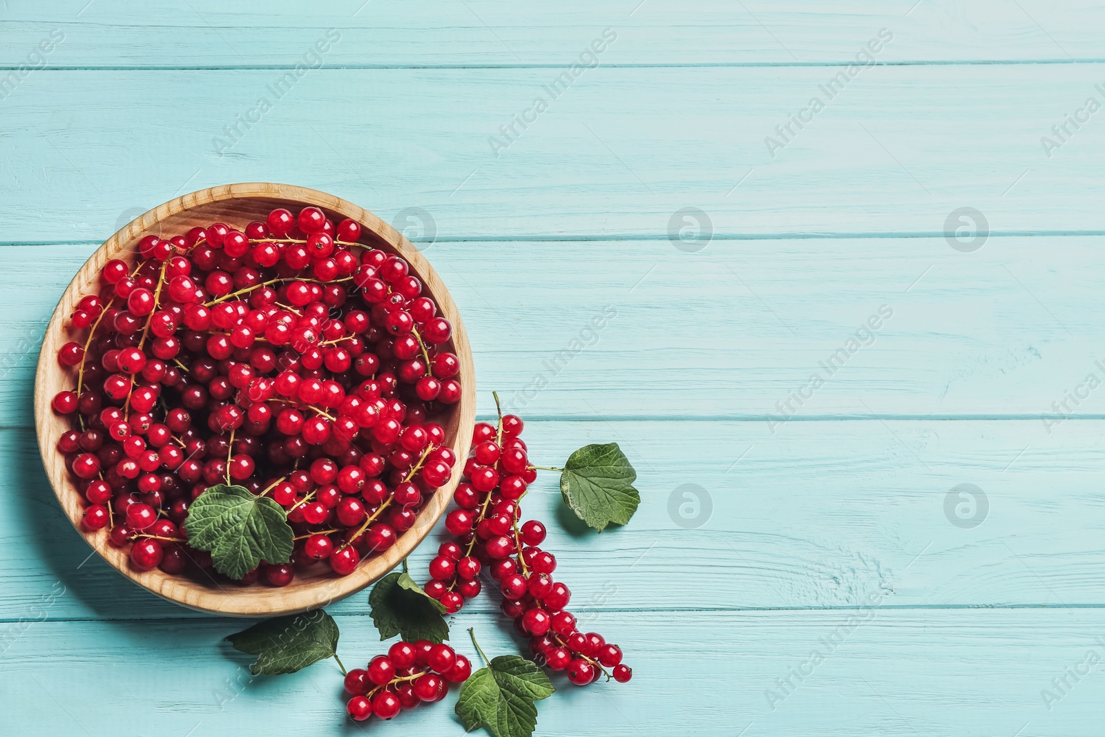 Photo of Delicious red currants and leaves on light blue wooden table, flat lay. Space for text