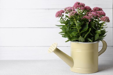 Beautiful bouquet of pink wildflowers in watering can on white table, space for text