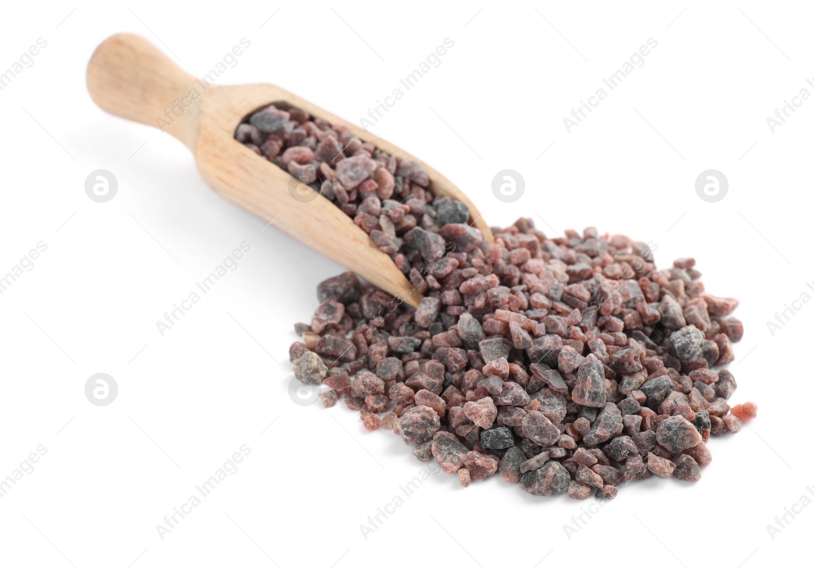 Photo of Black salt and wooden scoop on white background