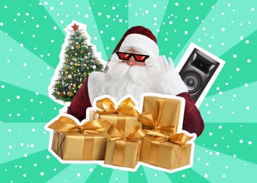 Image of Winter holidays bright artwork. Santa Claus with party sunglasses, gift boxes, Christmas tree and sound speaker against color background, creative collage