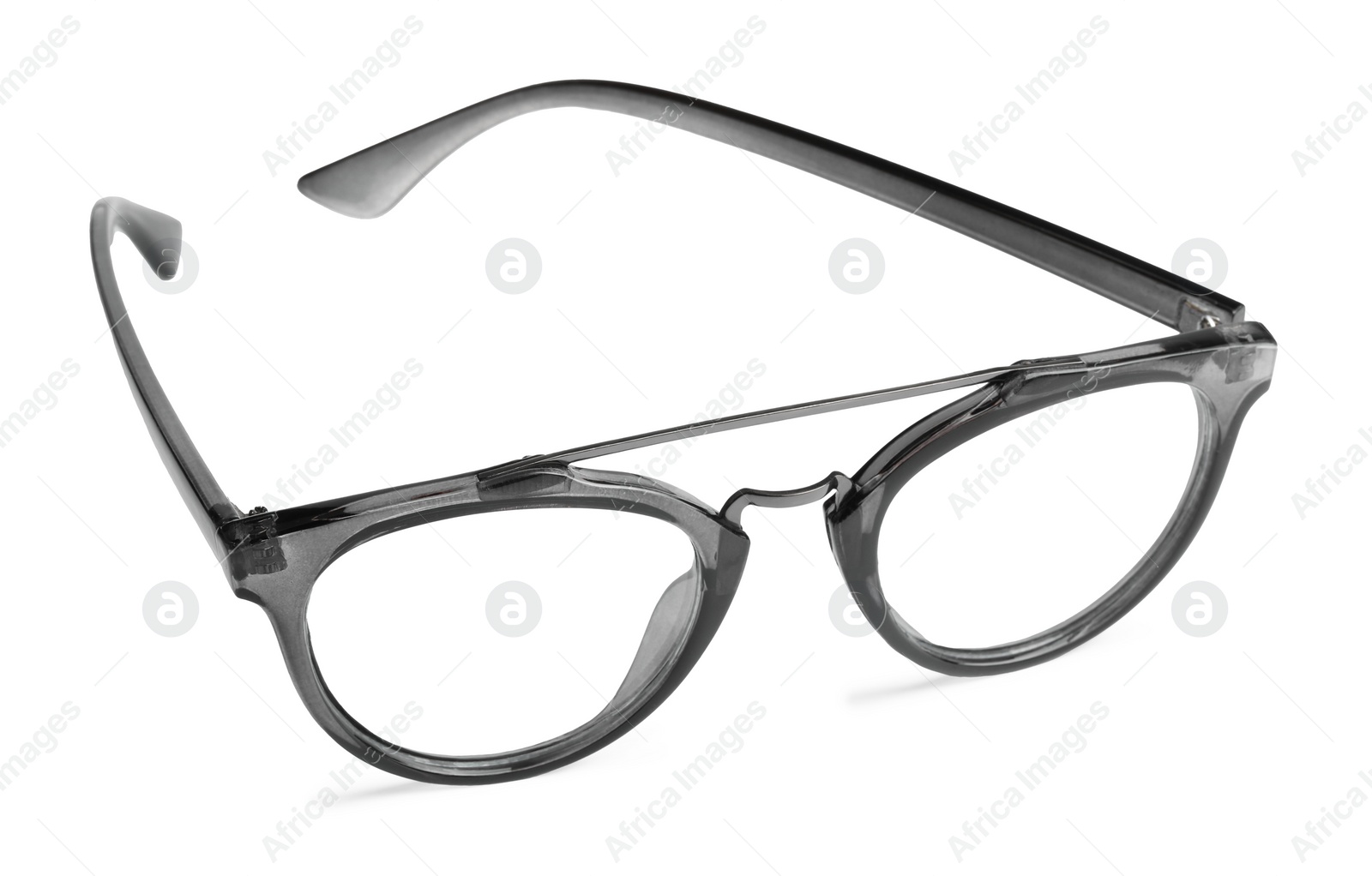 Photo of Stylish glasses with grey frame isolated on white