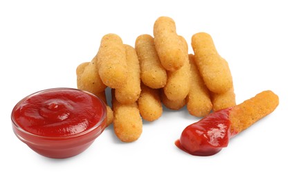Photo of Delicious cheese sticks and ketchup on white background