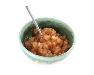 Delicious apple jam in bowl isolated on white