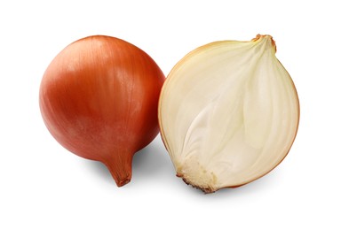 Photo of Whole and cut onions on white background