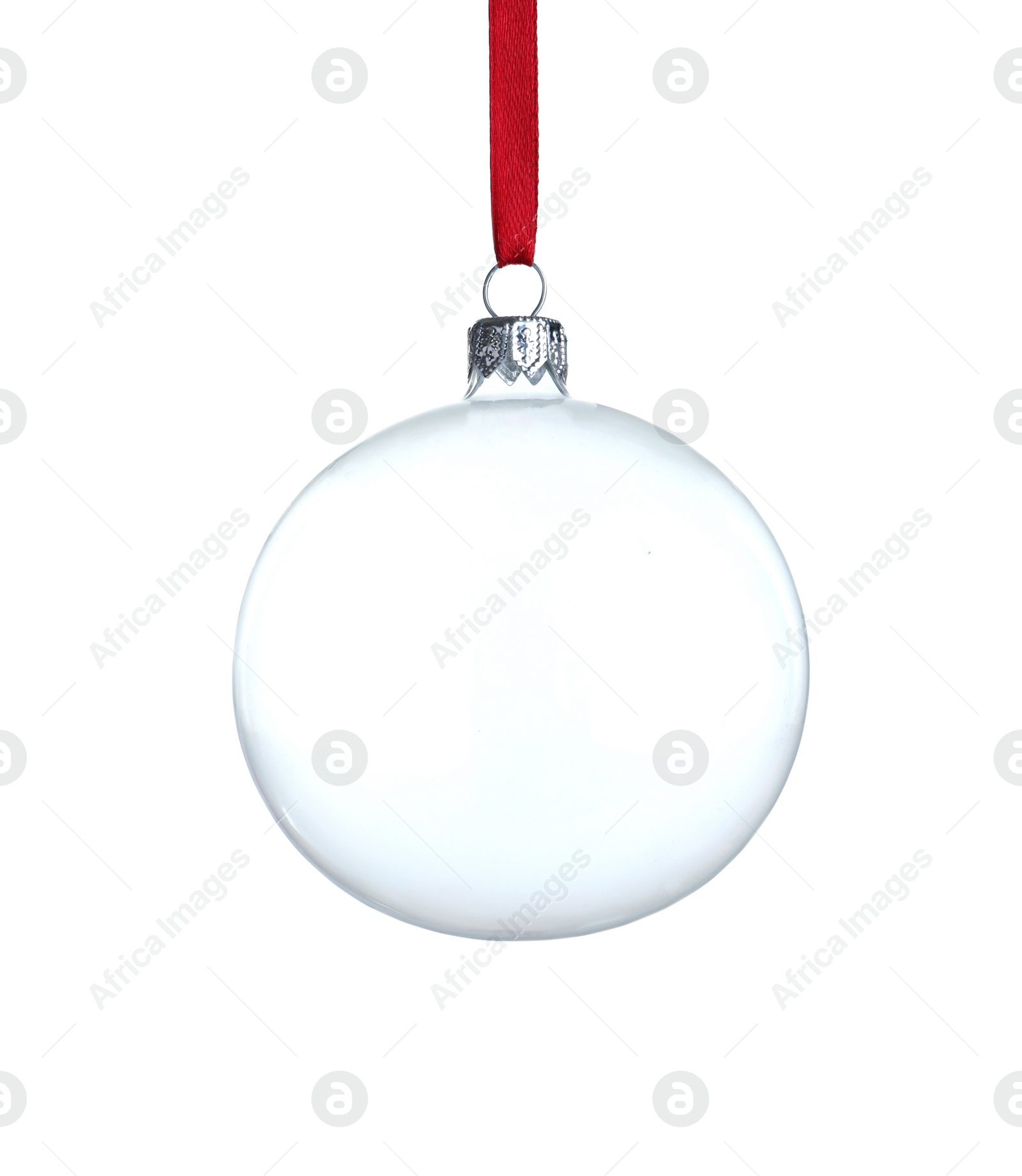 Photo of Transparent glass Christmas ball with red ribbon isolated on white