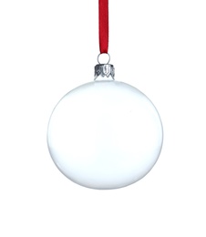 Photo of Transparent glass Christmas ball with red ribbon isolated on white