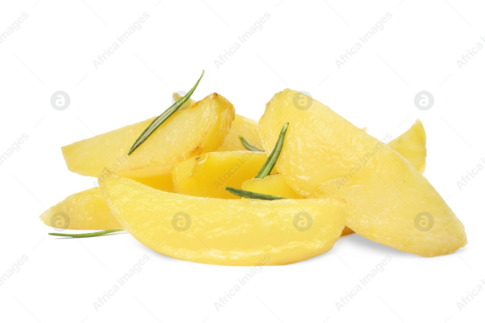 Photo of Tasty baked potato wedges with rosemary on white background