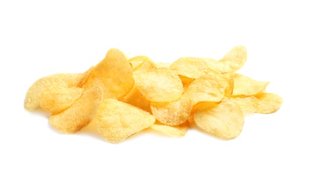 Tasty crispy potato chips on white background