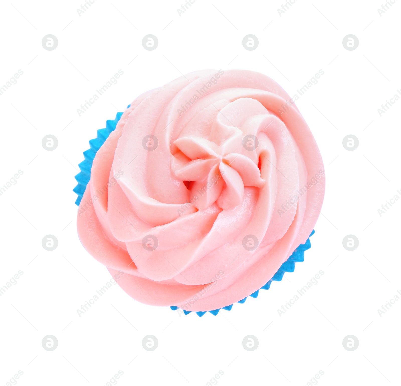 Photo of Delicious cupcake with pink cream isolated on white, top view