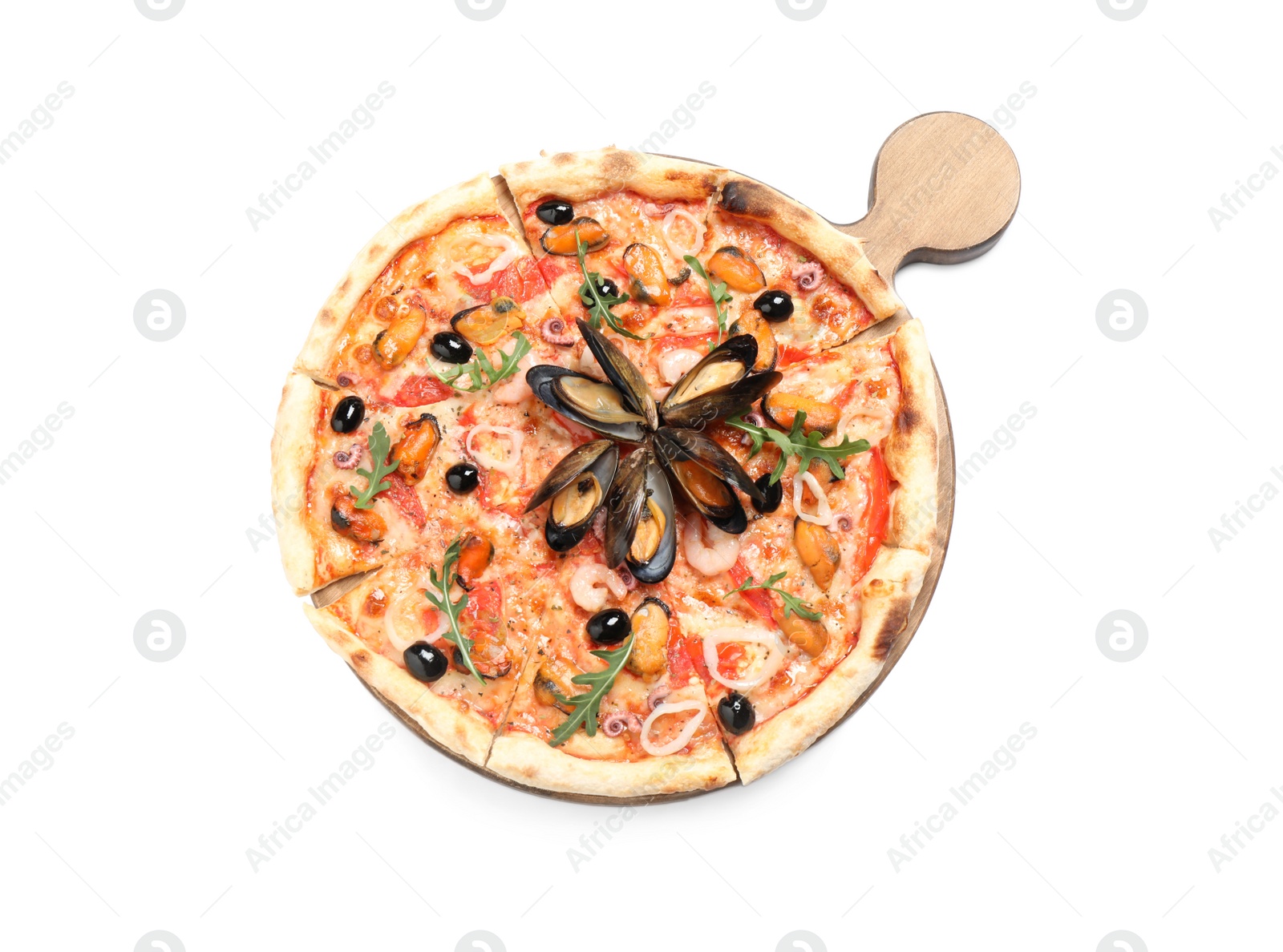 Photo of Tasty pizza with seafood isolated on white, top view