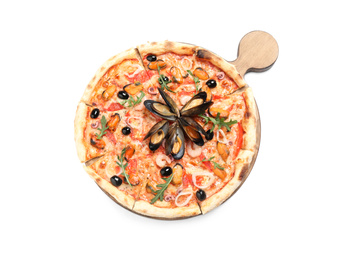 Photo of Tasty pizza with seafood isolated on white, top view