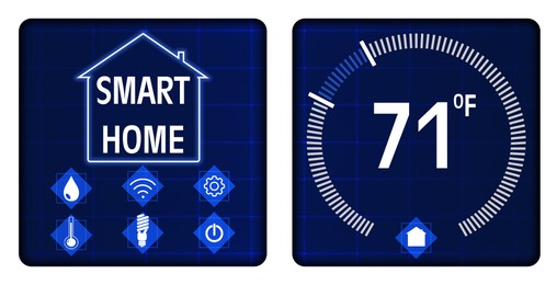 Smart home system. Thermostat displays showing ambient temperature in Fahrenheit scale and different icons on white background