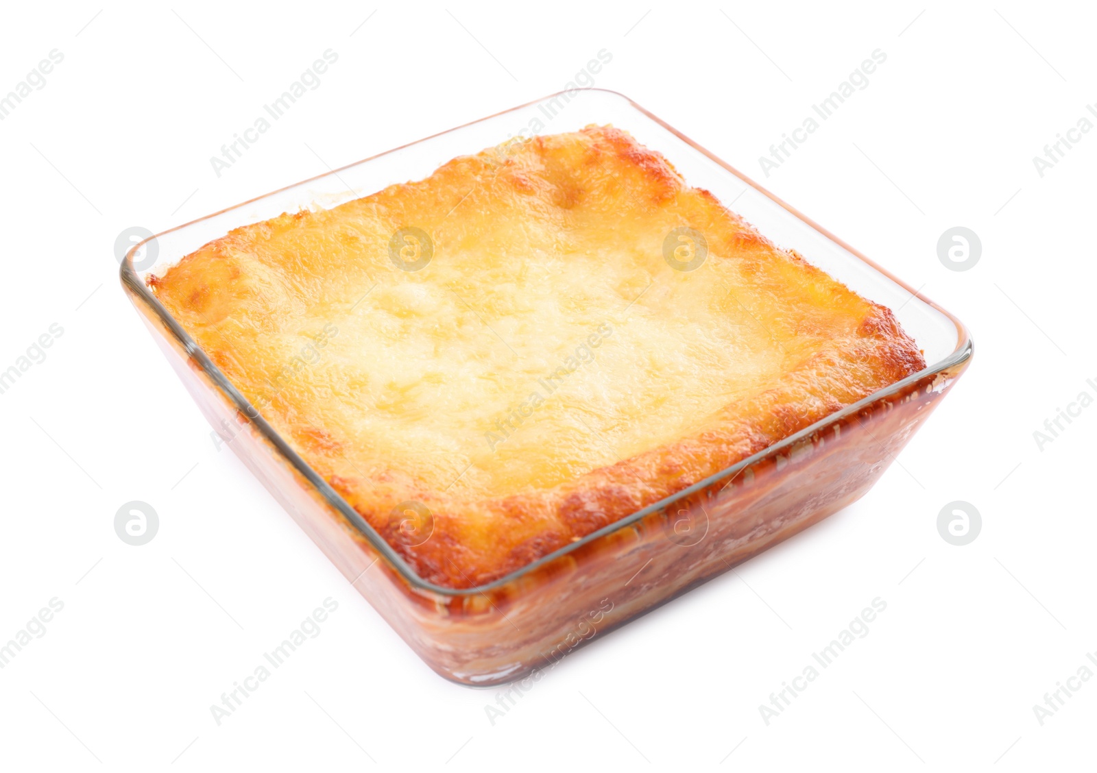 Photo of Tasty cooked lasagna in baking dish isolated on white