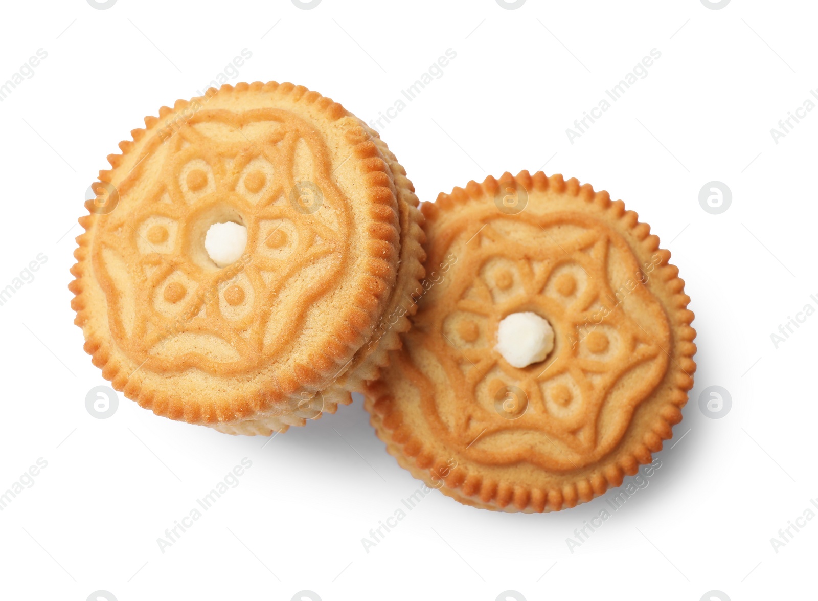 Photo of Tasty sandwich cookies isolated on white, top view