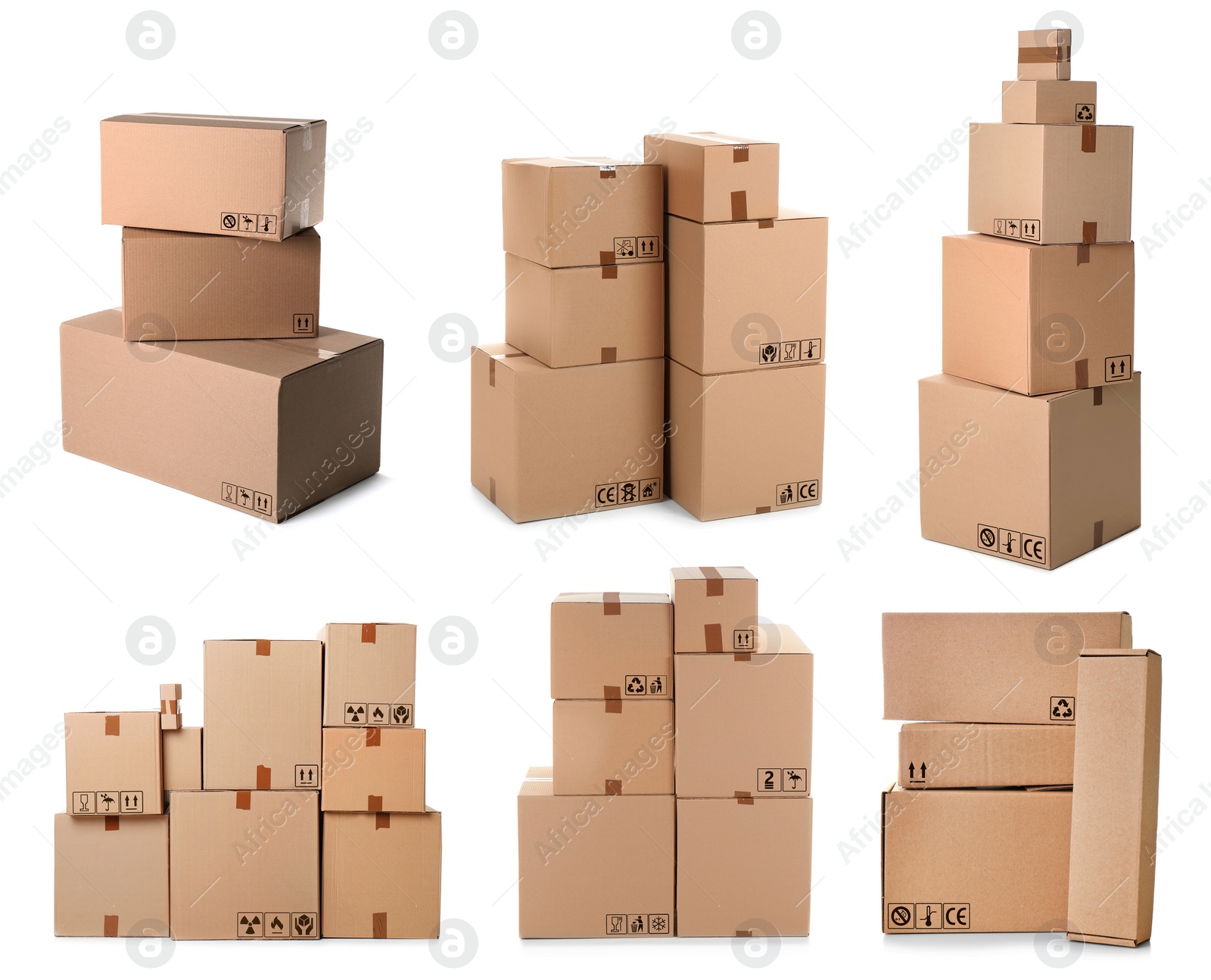 Image of Set of parcels with different packaging symbols on white background  