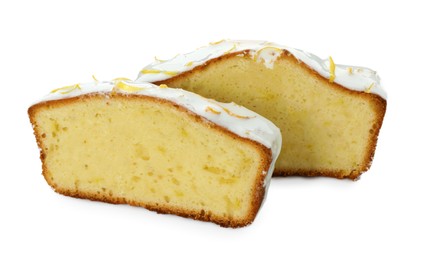 Photo of Pieces of tasty lemon cake with glaze isolated on white