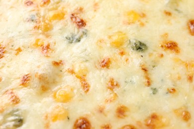 Photo of Delicious cheese pizza as background, closeup view