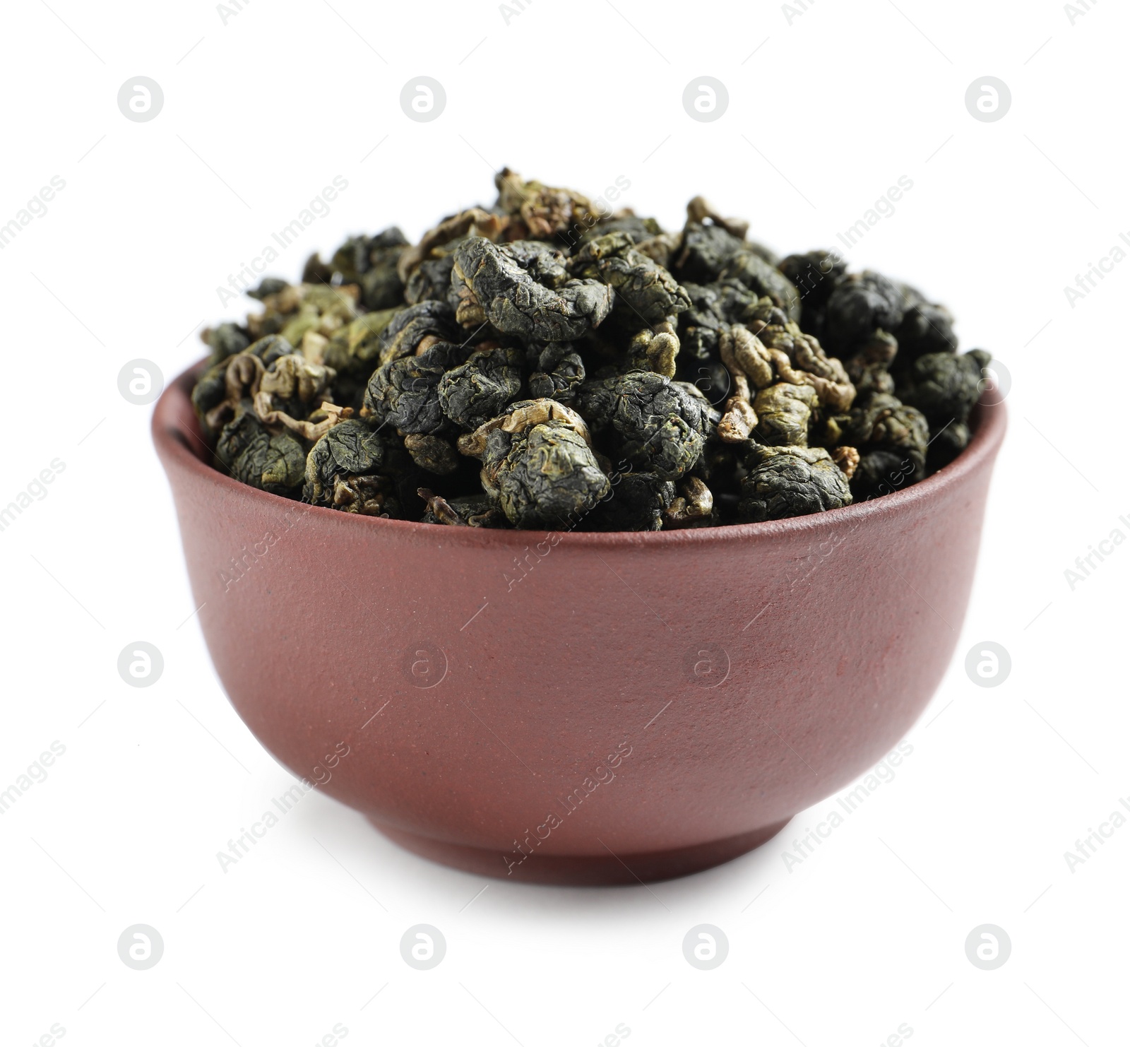 Photo of Bowl with Ali Shan Oolong tea on white background