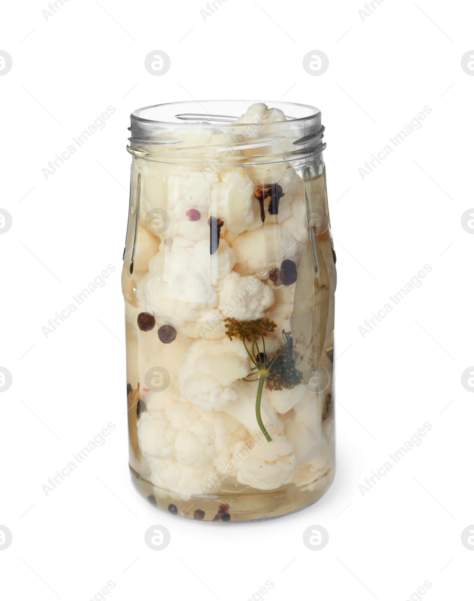 Photo of Jar with pickled cauliflower on white background