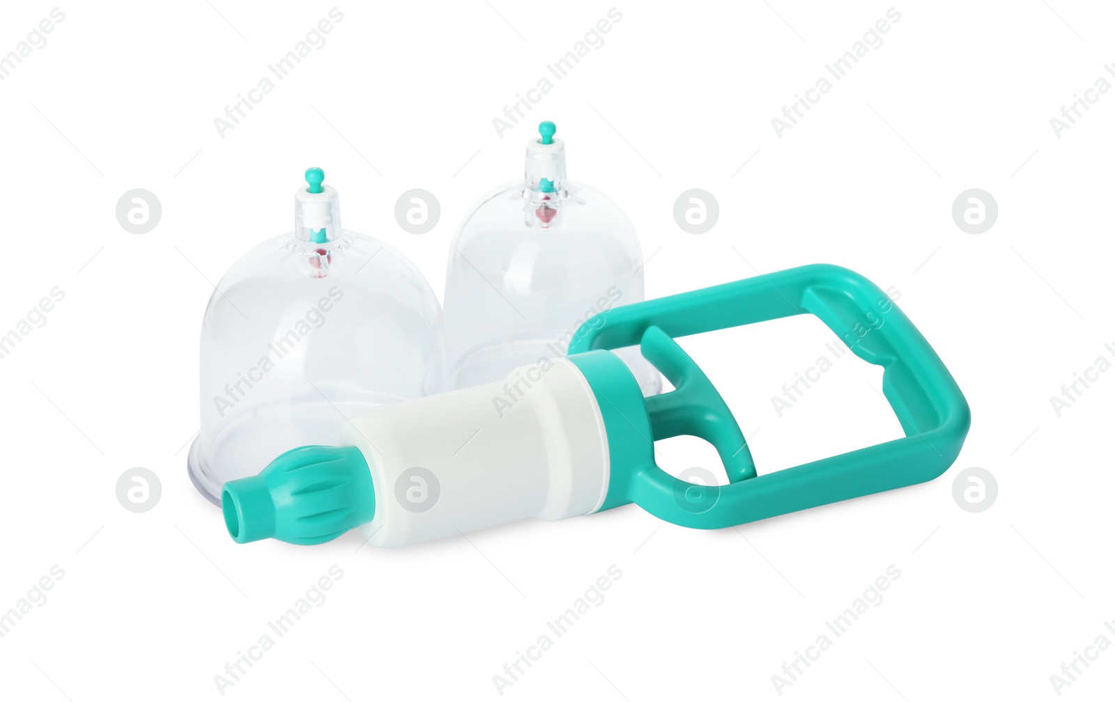 Photo of Plastic cups and hand pump isolated on white. Cupping therapy