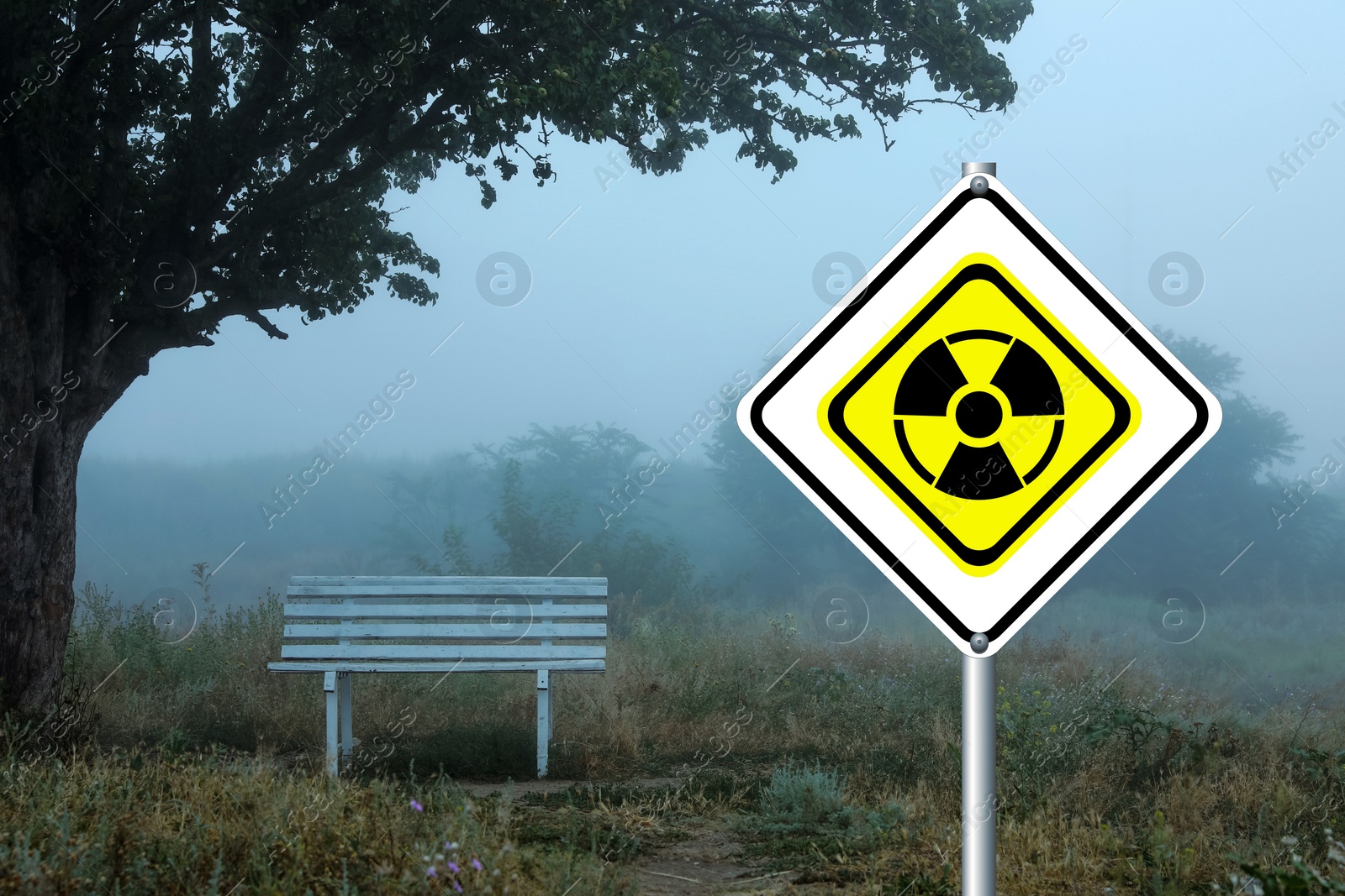 Image of Radioactive pollution. Yellow warning sign with hazard symbol in rural area