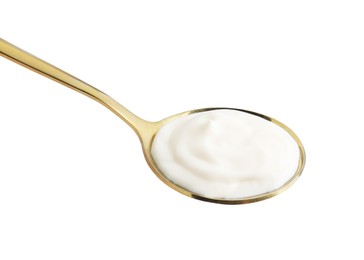 Photo of One golden spoon with mayonnaise isolated on white