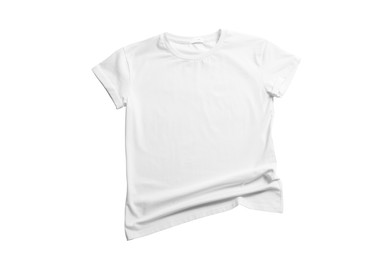 Stylish t-shirt on white background, top view