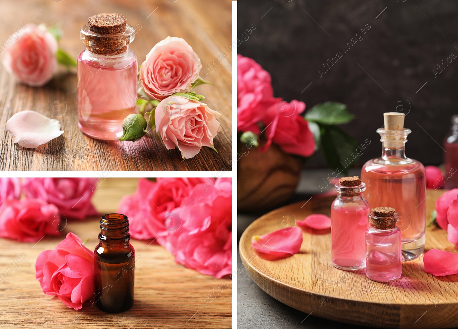 Image of Collage of different photos with essential oils and flowers