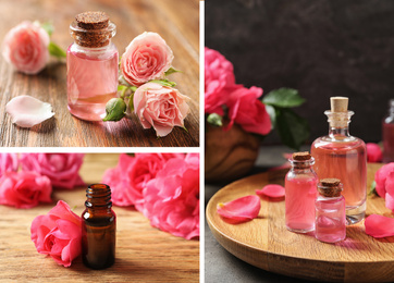 Image of Collage of different photos with essential oils and flowers