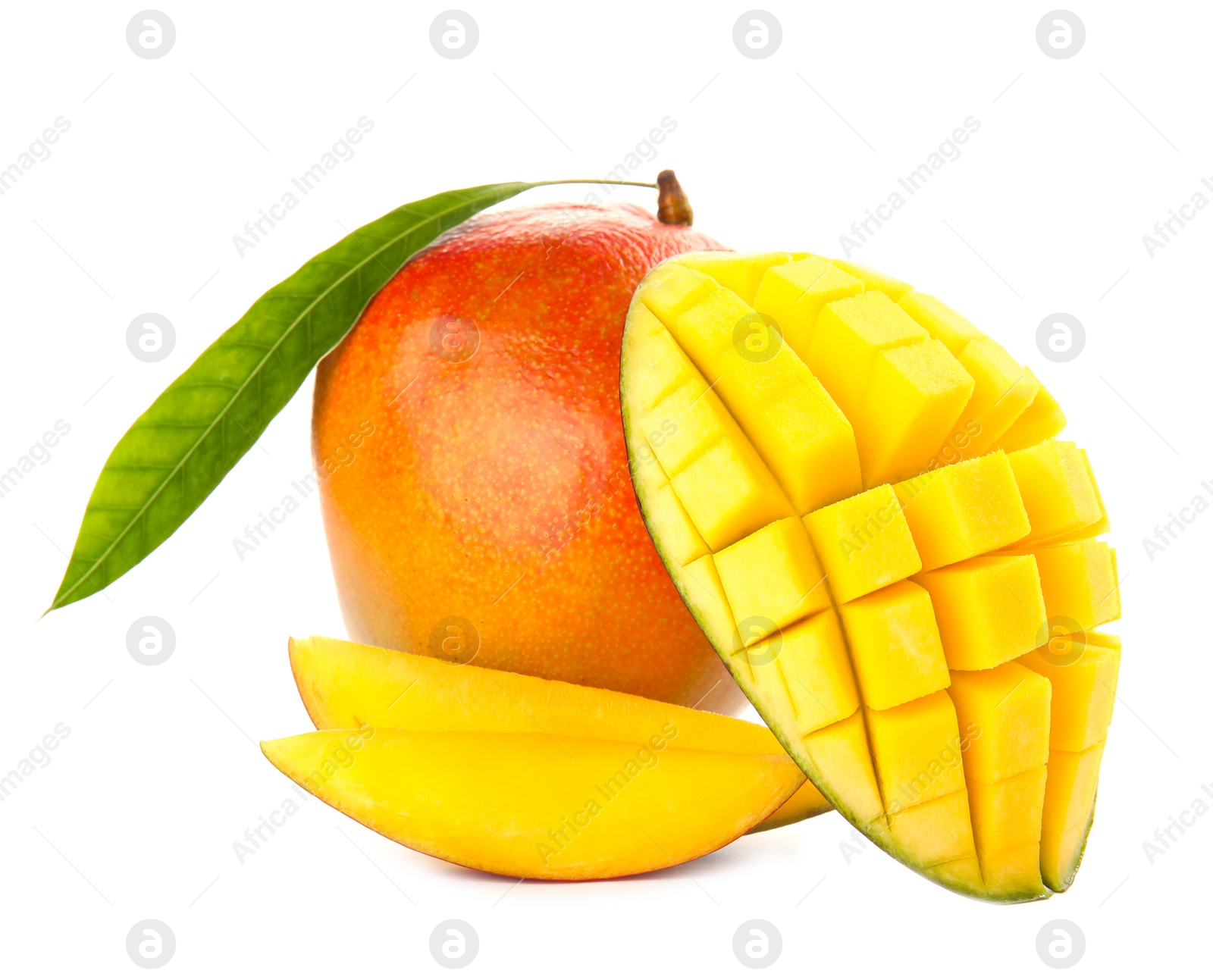 Photo of Delicious ripe mangoes on white background. Tropical fruit