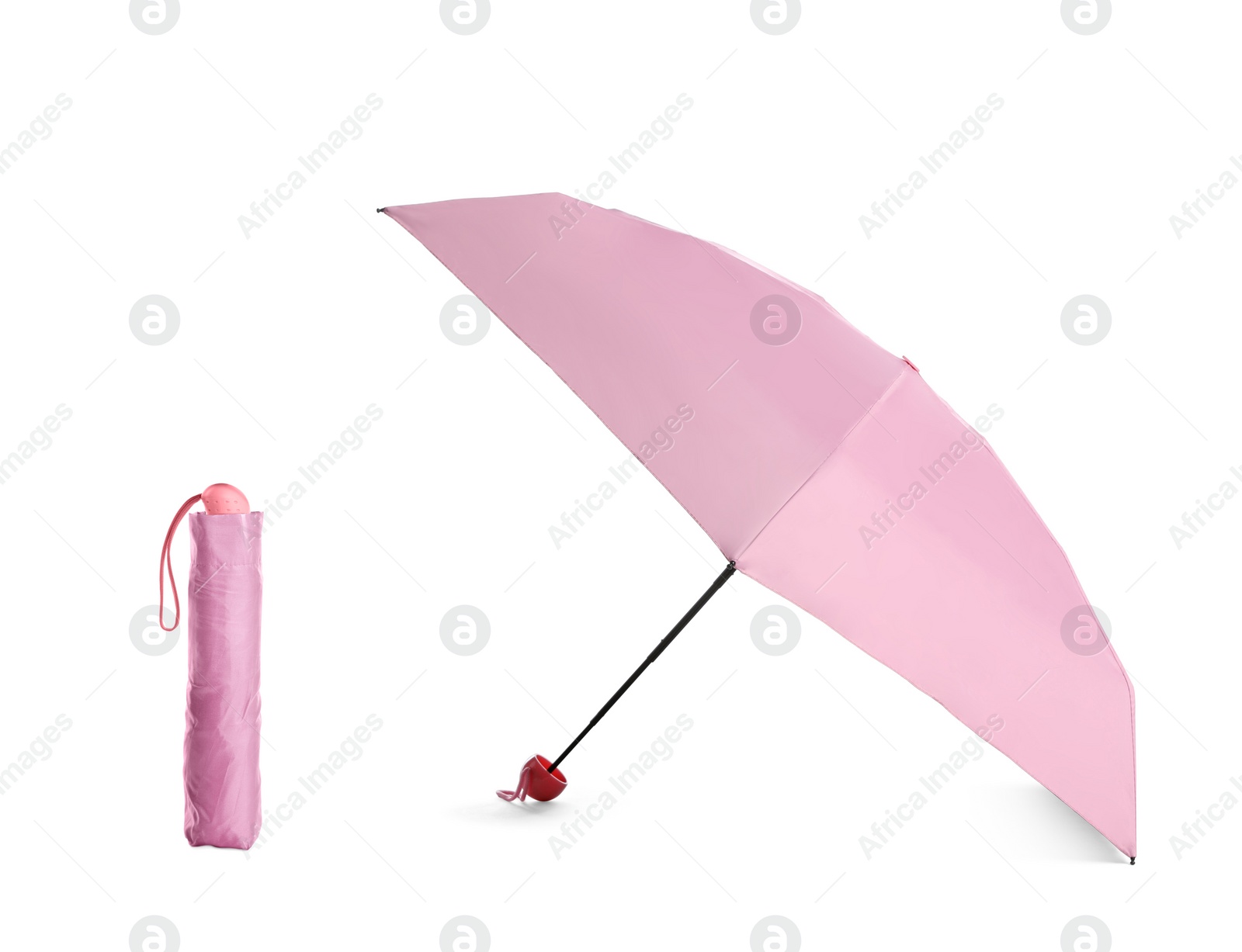 Image of Stylish open and closed pink umbrellas on white background, collage