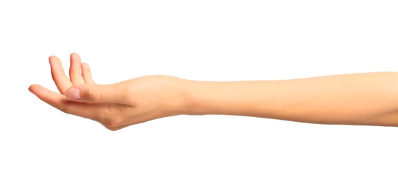 Photo of Young woman holding hand on white background, closeup