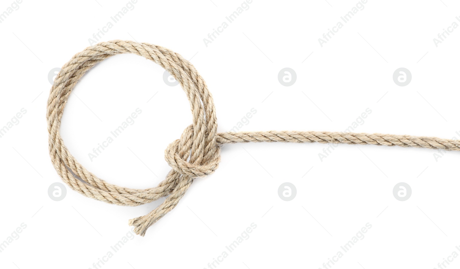 Photo of Hemp rope with knot isolated on white, top view