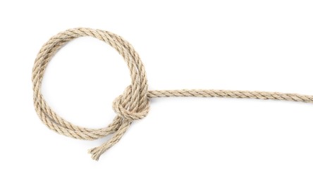 Hemp rope with knot isolated on white, top view