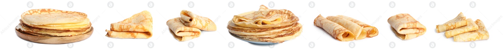 Image of Set of delicious thin pancakes on white background. Banner design 