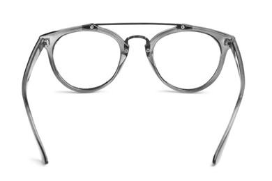 Photo of Stylish glasses with grey frame isolated on white